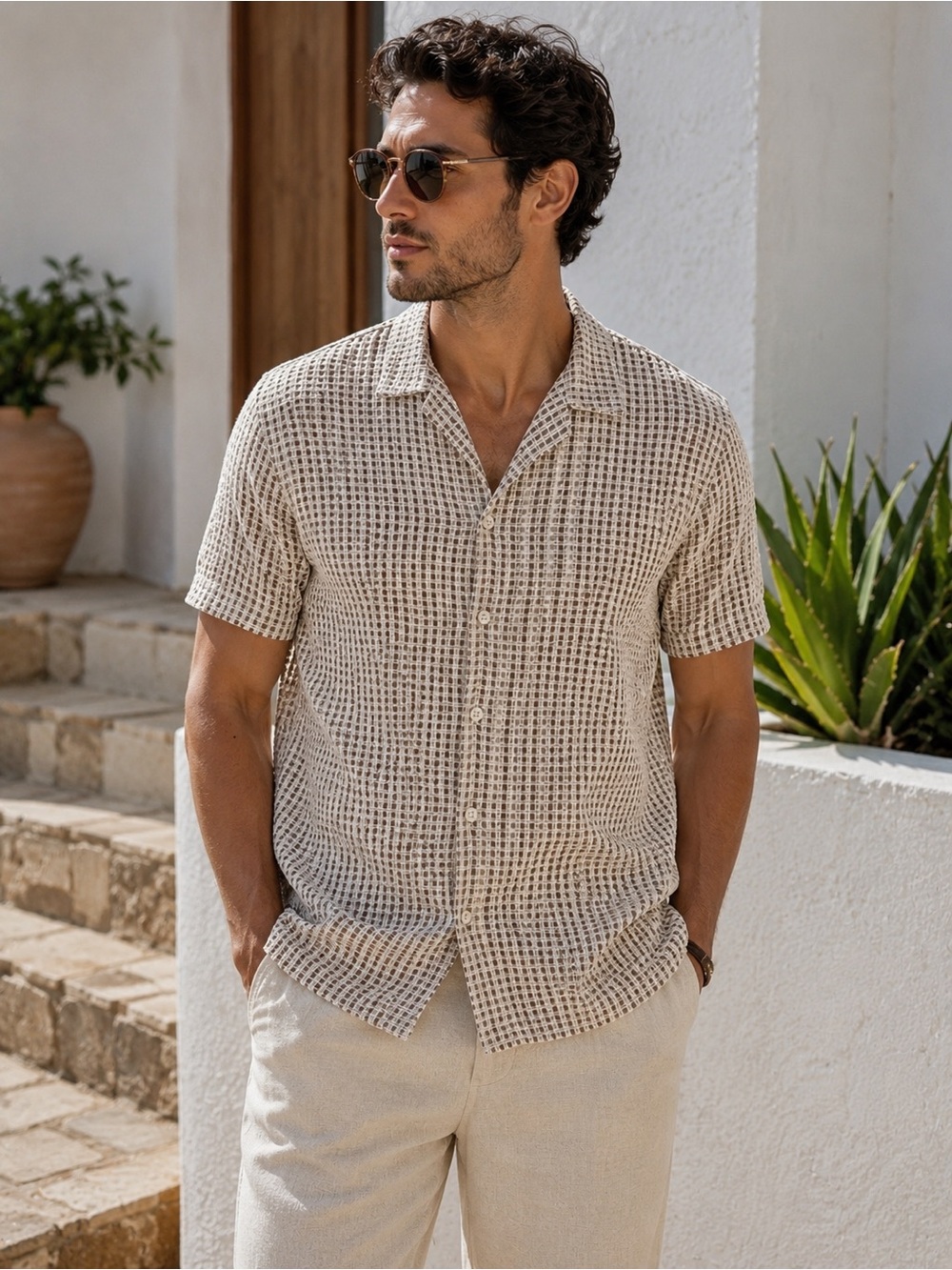 ZARA Men’s Textured Resort Shirt Camp Collar Vacation Summer Button Up Size M